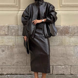 Chic Solid Patent Leather Stand Collar Jacket Skirt Two Piece Set