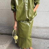 Chic Solid Patent Leather Stand Collar Jacket Skirt Two Piece Set