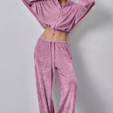 Vintage Drawstring Crop Top and Wide Leg Pants Two Piece Set