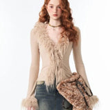 Lace-Up V Neck Plush Cardigan