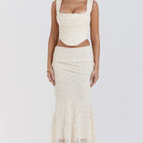 Elegant Lace-Up Crop Top & Maxi Skirt Boho Dress