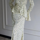 Long Sleeve Small Floral Waist Cinch Top Midi Skirt Two Piece Set