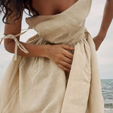 Cotton V Neck Spaghetti Strap Elegant Tie Backless Midi Dress