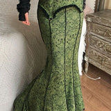 Lace Color Block Low Rise Mermaid Maxi Skirt