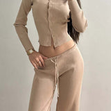 Sexy Fitted Buttoned Long-Sleeve Low-Rise Knit Two Piece Set