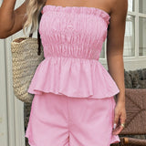 Casual Minimalist stripe Tube Ruffle Shorts Two Piece Set