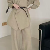 Loose Knit Big Collar Coat Wide-Leg Pants Two Piece Set