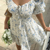 Lace-Up V-Neck Backless Floral Dress