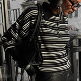 Color-block Stripe Fitted Polo Knit Blouse