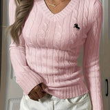 Embroidered Cable Knit V Neck Sweater
