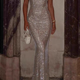 Glam Rhinestone Evening Maxi Dress