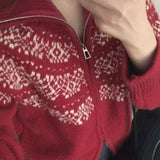 Ribbed Knit Fair Isle Zip Cardigan