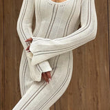 Elegant U Neck Knit Flare Sleeve Sheer Cutout Bodycon Maxi Dress