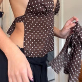 Polka Dot V-Neck Back Tie Halter Crop Top