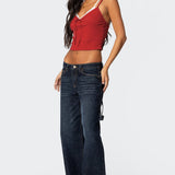 Faux Two Piece Bow Lace Sweet Crop Top