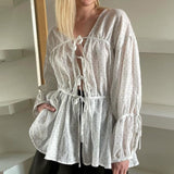 Loose Fit V-Neck Tie Long Sleeve Crop Top