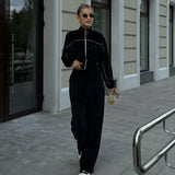 Athletic Velvet Collar Zipper Long Sleeve Two Piece Set
