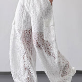 White Lace Cutout Casual Wide Leg Pants