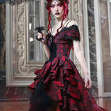 Japanese Gothic Style Red Black Halloween Off-Shoulder Court Wave Autumn Dark High-Waist Lolita Party Dress