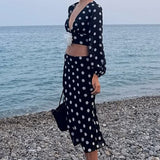 Polka Dot V-Neck Crop Skirt Two Pieces Set