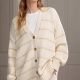 Striped V Neck Cotton Cardigan Sweater