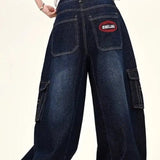 Dark Blue Cargo Wide-Leg Jeans