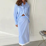Striped Color Block Slit Long Sleeve Skirt Set