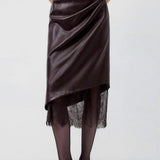 Elegant Lace Trim Leather Skirt