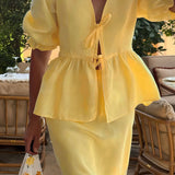 Solid Casual V-Neck Ruffle Short Sleeve Skirt Set
