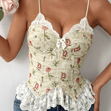 Lace Trim Patchwork Boned Corset Tank Top
