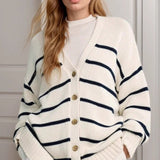 Striped V Neck Cotton Cardigan Sweater