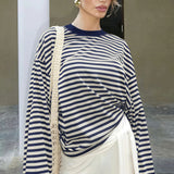 Striped Color Block Crew Neck Loose Long Sleeve Tee