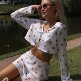 Printed Satin Long Sleeve Cardigan Skirt Two Piece Set