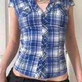British Plaid Ruffled V Neck Puff Sleeve Blouse