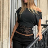 Asymmetric Collar Lace Sheer Sleeveless Crop Top