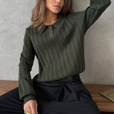 Jacquard Polo Collar Long Sleeve Loose Blouse