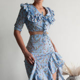 Floral Light Blue Ruffled Split Midi Skirt Two Piece Set