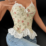 Lace Trim Patchwork Boned Corset Tank Top