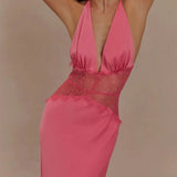 Lace Patchwork Backless Halter Boho Dress