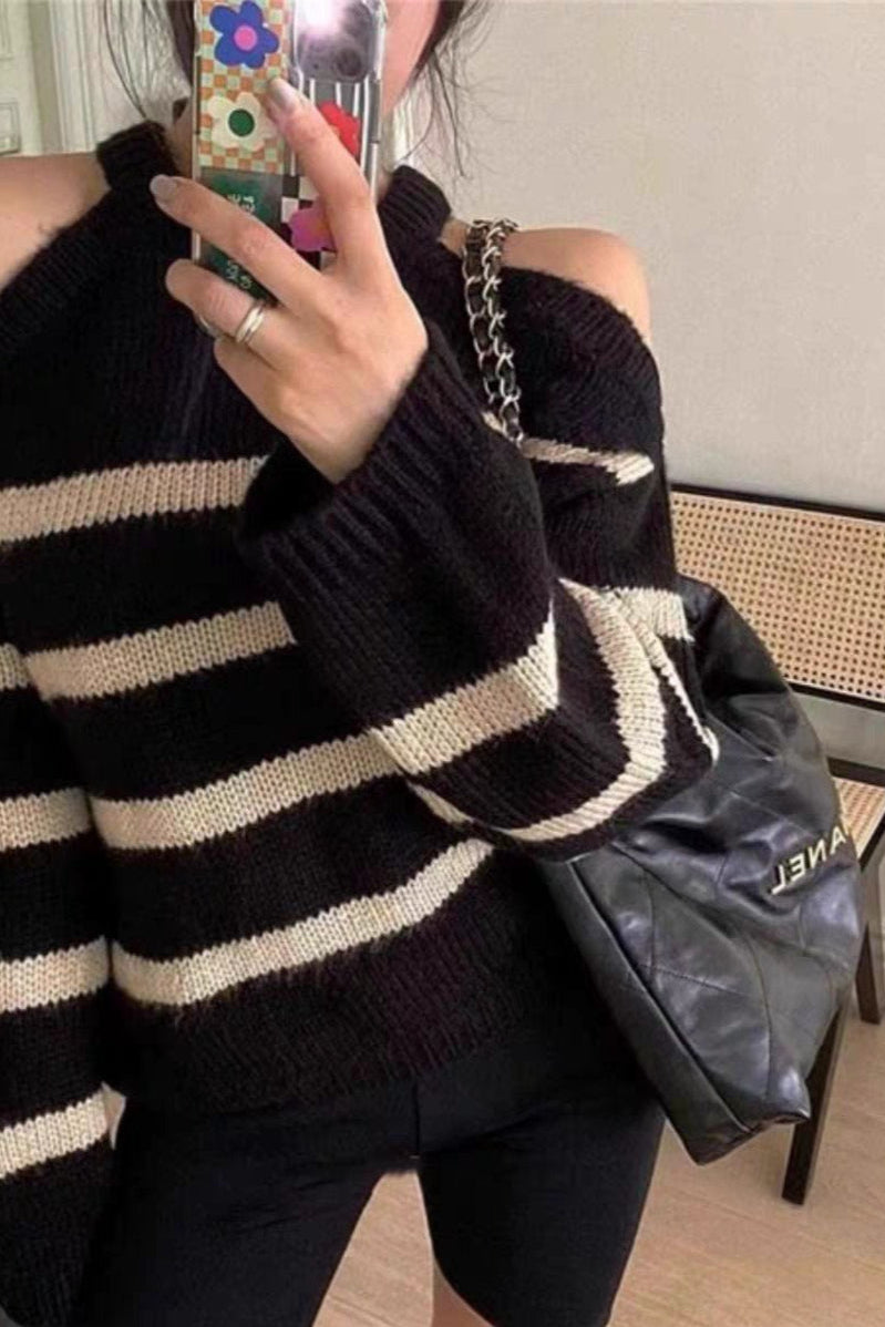 Striped Cutout Shoulder Knit Sweater