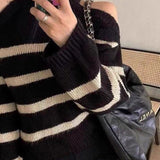 Striped Cutout Shoulder Knit Sweater