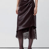 Elegant Lace Trim Leather Skirt