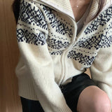 Ribbed Knit Fair Isle Zip Cardigan