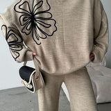 Casual Round Neck Knit Sweater with Pants Two Piece Set