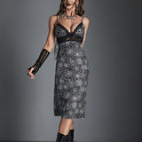 Spider Web Print Lace Trim Sexy Hollow Out V Neck Chest Wrapping Bodycon Dress