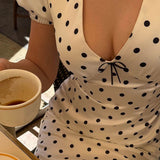 French Style Polka Dot V-Neck Bodycon Maxi Dress