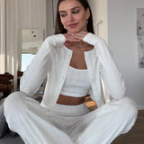 Knitted Cotton Jacquard Cropped Long Sleeve Three Piece Set