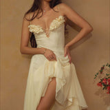 Deep V 3D Floral Sheer Midi Party Dress