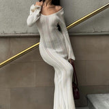Elegant U Neck Knit Flare Sleeve Sheer Cutout Bodycon Maxi Dress