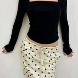 Vintage Satin Polka Dot Drawstring Midi Skirt